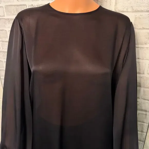 The Row SIlk Sheer Black Tie Open Back Top size XS Bishop Sleeves Tunic Length